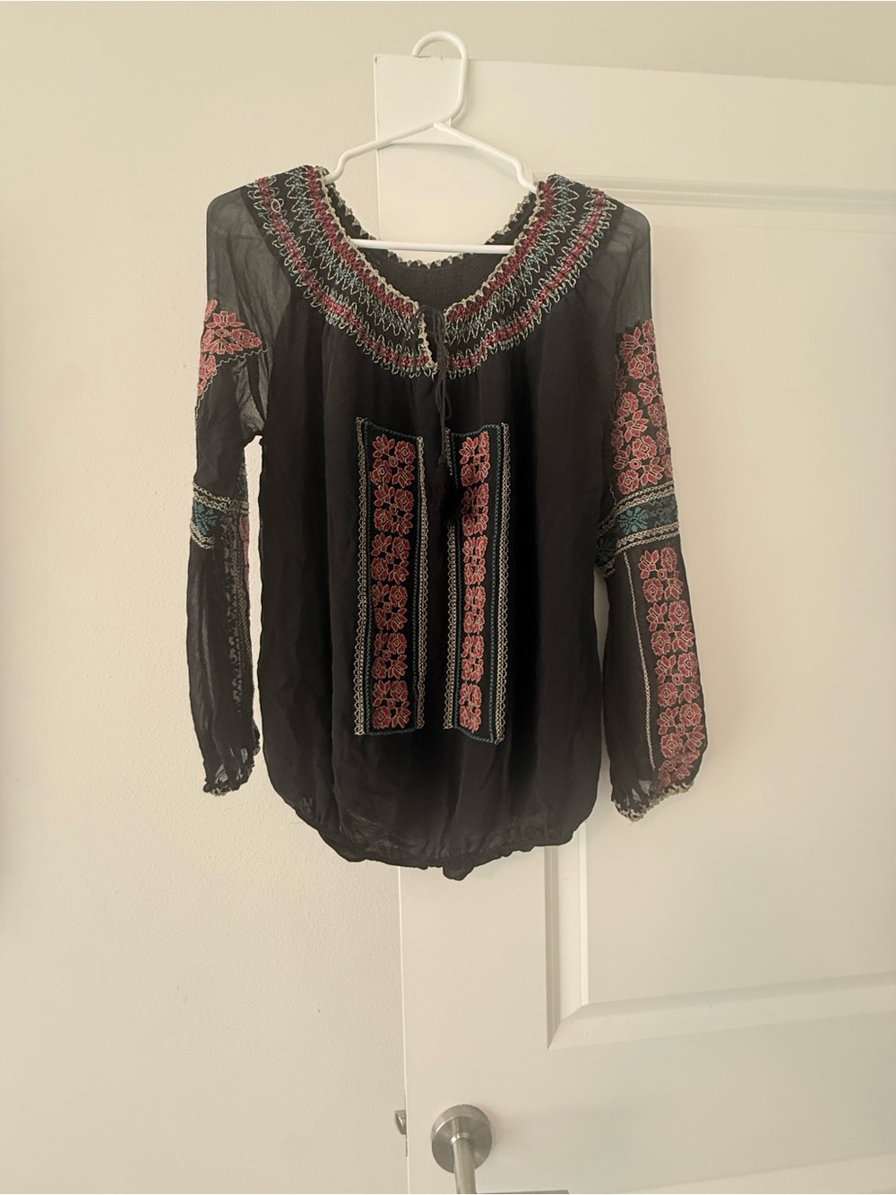 MM Couture Black Peasant Blouse with Pink & Teal Embroidery